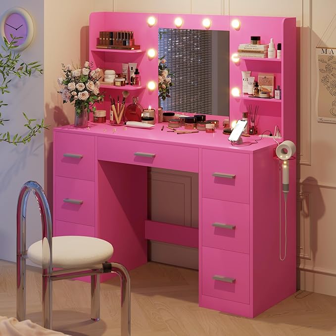 YESHOMY Vanity Desk with Mirror, Power Outlet and 10 Lights, Makeup Table with 7 Drawers, 3 Color Modes Available for Bedroom, Rose Pink
