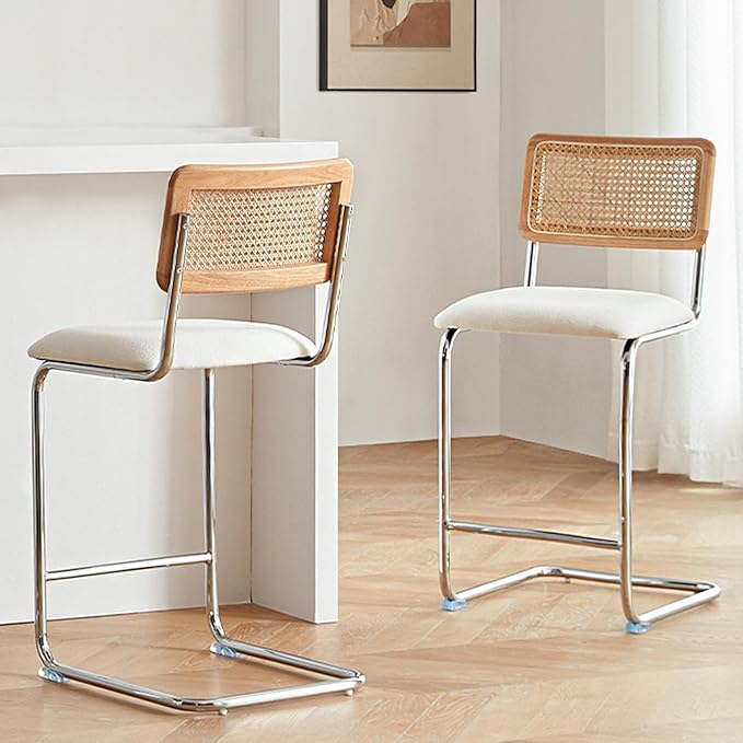 Natural Rattan Counter Height Stools Set of 4 with Solid Wood Back, 24 Inch Mid Century Modern Cesca Bar Stools, White Upholstery Boho Stool for Kitchen Counter with Chrome Metal Legs