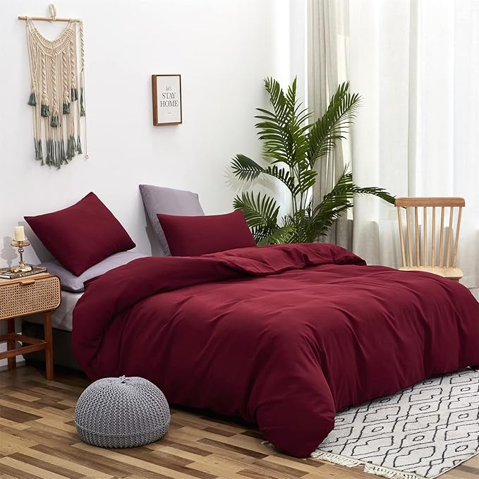 Luxlovery Dark Red Comforter Set Cal King Burgundy Bedding Set California King Women Wine Red Crimson Blanket Quilts Modern Solid Claret 3 Piece Marroon Bedding Comforter Set