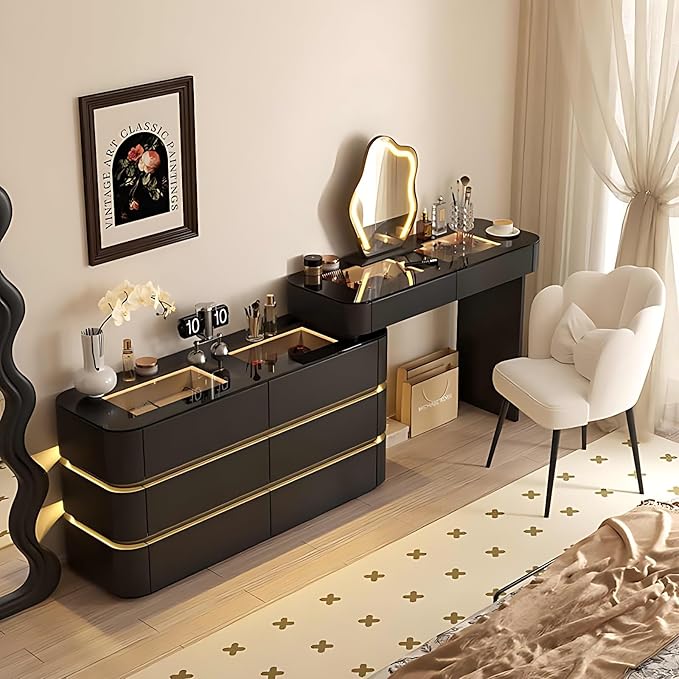 Makeup Vanity Desk with Storage Drawers, Solid Wood Glass Top, Lights Desk and Chair, Easy Installation (Black 6 Drawers, 31.5”)