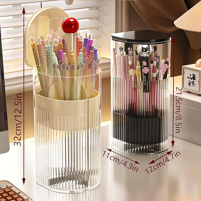 Makeup Brush Holder with Lid, One-Hand Press Open/Close Mechanism Cosmetic Tools Organizer, Clear Waterproof Dustproof Make Up Storage for Vanity, Bathroom Countertop-Black-Red Ball