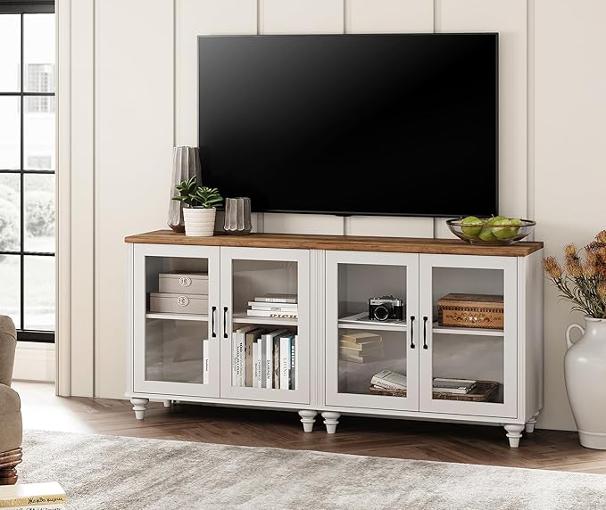 WAMPAT TV Stand for 75 Inch TV, Wood TV Cabinet Entertainment Center Television Stands for Living Room, 2-in-1 Kitchen Buffet Cabinet with Glass Door for Dining Room, Off White