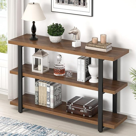 FOLUBAN Console Tables for Entryway, Modern Wood and Metal Sofa Table with Storage Shelves for Living Room, Hallway, Entrance, or Behind Couch, Rustic Walnut, 47 Inch