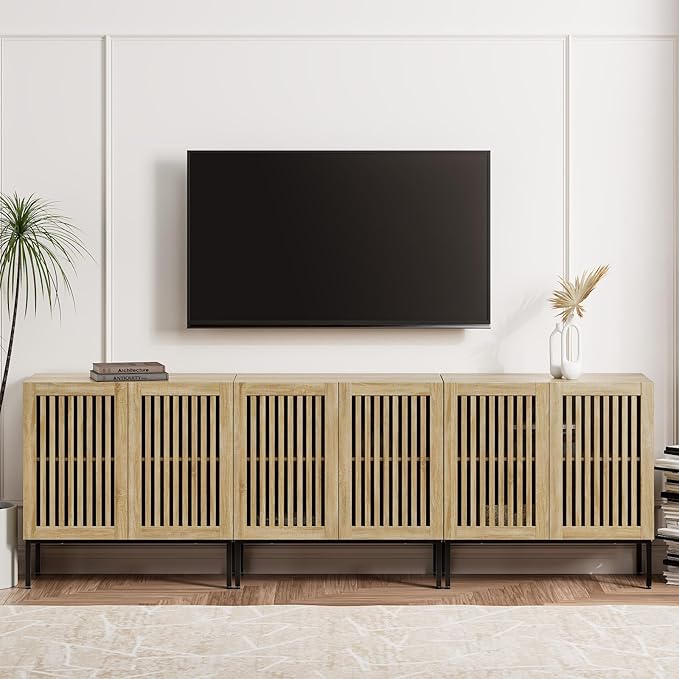 Farmhouse TV Stand for TVs up to 95 inch, 3 in 1 Entertainment Center TV Console with Storage Cabinets and Metal Base,Media Console for Living Room,Oak