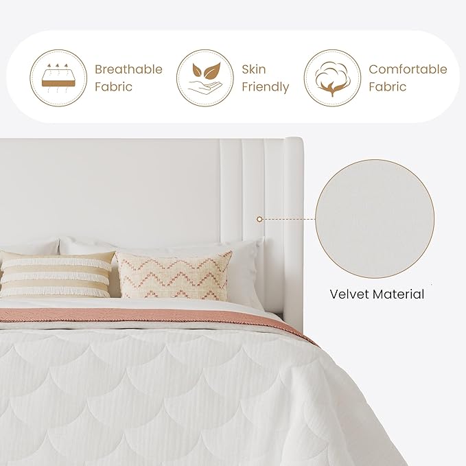 SHA CERLIN Queen Size Velvet Upholstered Platform Bed Frame with Vertical Channel Tufted Wingback Headboard, Wooden Slats Support, Easy Assembly, Under Bed Storage, No Box Spring Required, White