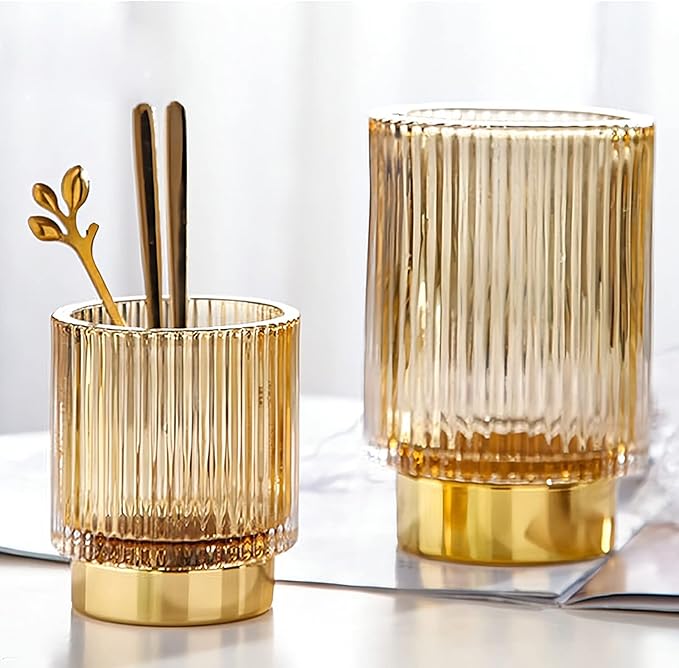 DASITON Makeup Brush holder Organizer,Crystal Cosmetic Makeup Brush Glass Brushes Storage Holder, Vintage Make Up Brush Cup Pen Pencil Holder striped vase(Coffee S＋L)