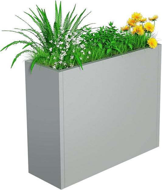 Metal Planter, 30L x 10W x 24H, Heavy Duty Tall Planters for Outdoor Plants, Planters with Removable Insert Shelf, Large Planters with Drainage Holes for Porch, Patio and Yard, Grey