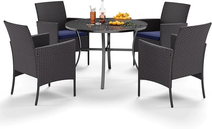 PHI VILLA 5 Piece Outdoor Round Dining Table Set for 4, 42” Metal Dining Table with Umbrella Hole & 4 Cushioned Wicker Chairs for Patio, Deck, Yard, Porch