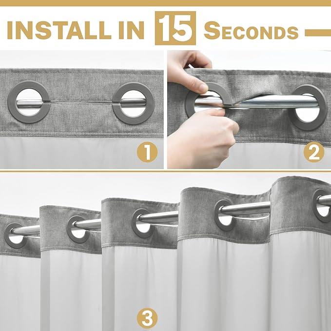 Stall No Hook Shower Curtain with Snap in Liner, Polyester Textured Shower Curtain with Liner Set, Waterproof Washable Hotel Style Shower Curtains for Bathroom, 36Wx74H, Grey