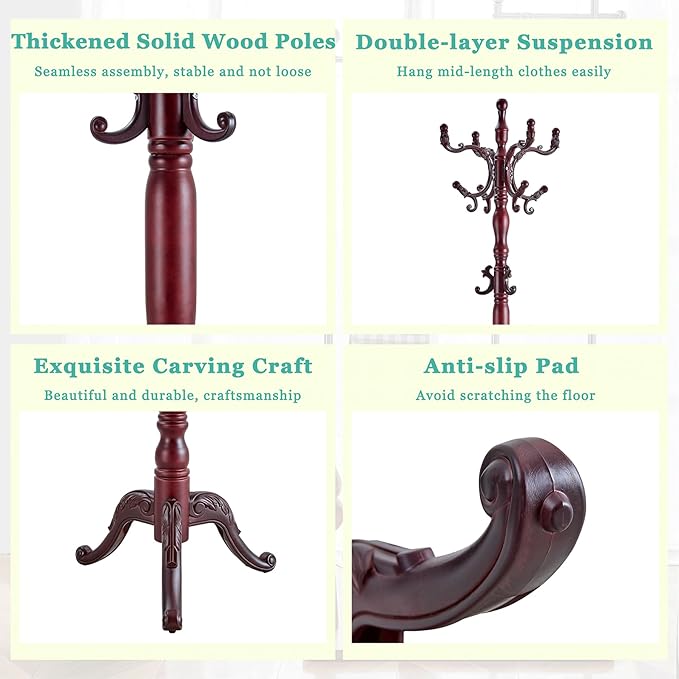 Solid Wood Coat Rack Freestanding, 77" Adjustable Hall Tree Hanger With Hooks, Coat Hanger Stand for Hanging Clothes Bags Hats in Living Room Bedroom