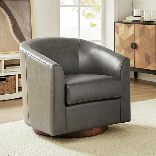 HULALA HOME Faux Leather Swivel Accent Chair with Solid Wood Base, Round Swivel Barrel Chair for Living Room and Bedroom, Grey