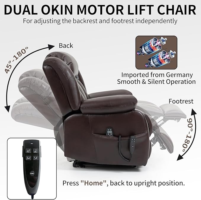 Dual Motor Large Recliner with Massage and Heat, Power Lift Chairs for Elderly, Breathable Leather Recliner Chairs for Adults with 2 Remote Controls, Red Brown Big and Tall Recliner