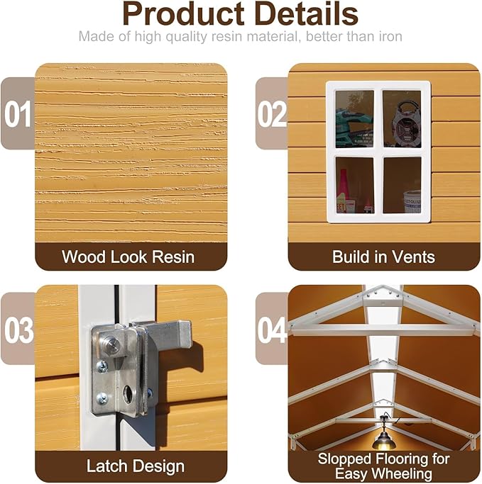 8x6 FT Resin Storage Shed, Waterproof Outdoor Shed w/Floor Included, 2 Windows, Double Lockable Doors & Vents,Outside Plastic Tool Sheds for Garden, Lawn, Backyard, Wood-Grain Brown