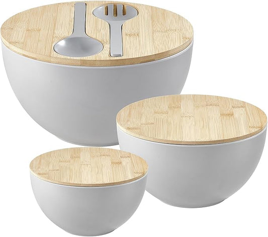 Salad Bowls Set of 3 with Lid & Serving Utensils, Bamboo Fiber Mixing Bowls Set Large Serving Bowls & Storage Set with Bamboo Lid for Salad, Kitchen Eating, Pasta, Popcorn, Chips, Fruit, Grey