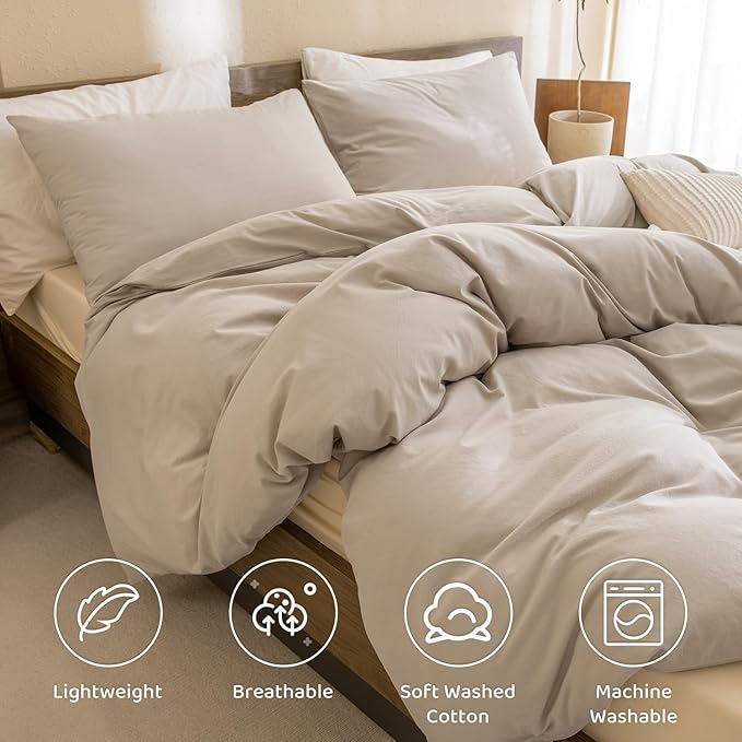 Sanracie Cotton Comforter Set Queen,Linen Like Textured Bedding Comforter for Queen Size Bed 3 Pieces(1 Solid Comforter and 2 Pillowcases) Soft Lightweight Bedding Set