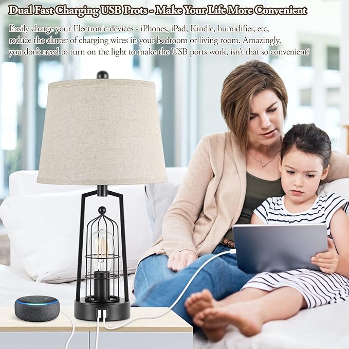 Farmhouse Table Lamps with 2 USB Ports, Set of 2 Rustic Industrial Desk Lamp for Living Room, 2-Light Black Bedside Lamp, Bedroom Nightstand Lamp with Beige Lampshade for House Decor, Reading