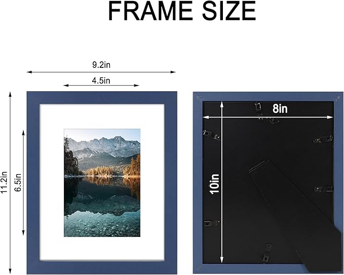 8x10 Picture Frame Set of 4, High Definition Real Glass, Display Pictures 5x7 with Mat or 8x10 Without Mat, Gallery Wall Hanging or Tabletop Photo Frames, Blue