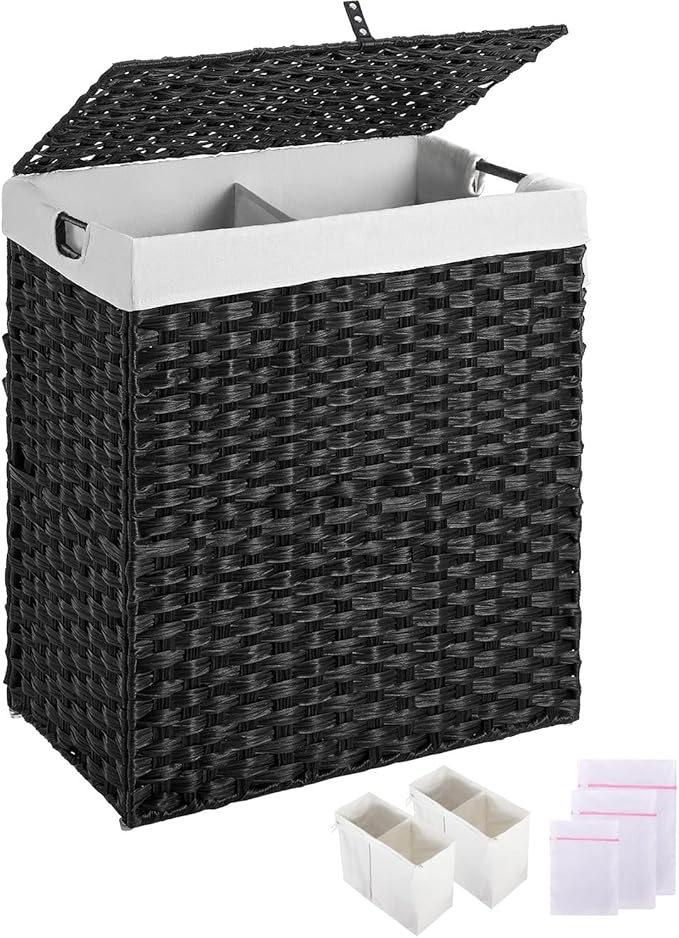 Greenstell Laundry Hamper with lid, No Install Needed, 110L Wicker Laundry Baskets Foldable 2 Removable Liner Bags, 2 Section Clothes Hamper Handwoven Rattan Laundry Basket with Handle, Black