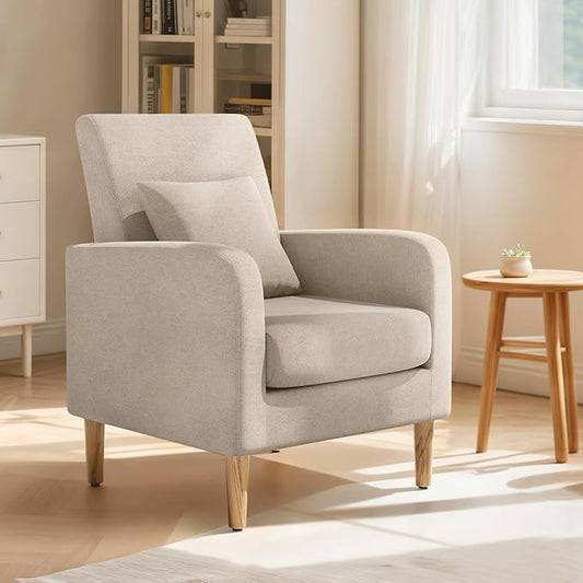 Magshion Mid-Century Accent Chair for Living Room, Comfy Reading Chair for Bedroom, Upholstered Linen Fabric Armchair Single Sofa with Back Pillow & Wood Legs, 300 lbs Capacity, Beige
