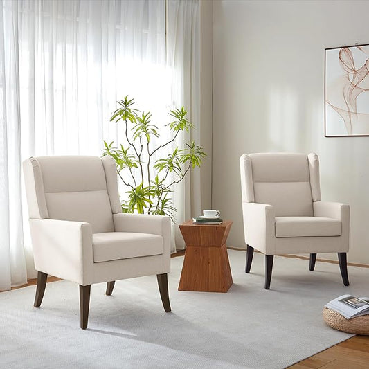 High Back Living Room Chairs, Fabric Accent Chair, Comfy Upholstered Armchair with Wooden Legs for Living Room, Bedroom, Apartment (2, Beige)