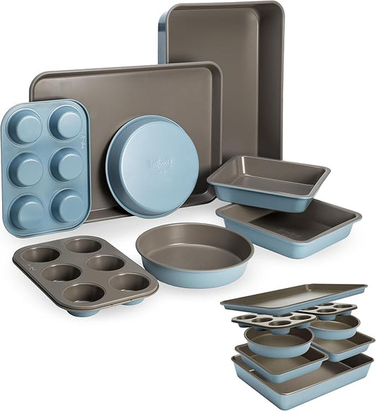 Goodful All-In-One Nonstick Bakeware Set, Stackable and Space Saving Design includes Round and Square Pans, Muffin Pans, Cookie Sheet and Roaster, Dishwasher Safe, 8-Piece, Blue Mist
