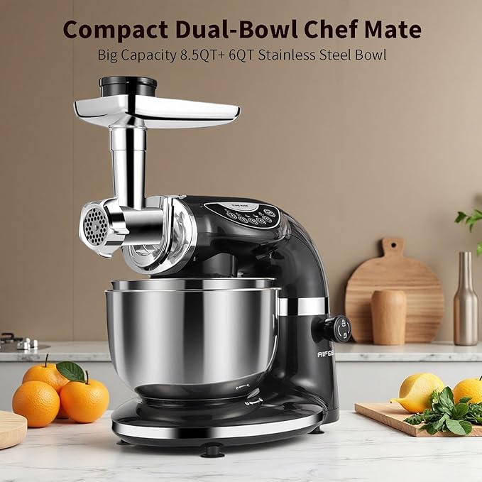 Aifeel Stand Mixer, 8.5QT+ 6QT Two Stainless Steel Bowls Electric Food Mixer, 7 in 1 Multifunctional Kitchen Mixer with Dough Hook, Whisk, Beater, Meat Grinder,Pasta & Cookie Maker-Black