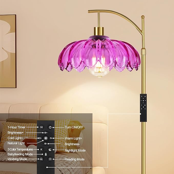 Vintage Floor Lamps for Living Room Arc Floor Lamp with Remote Control & Glass Lampshade,Mid Century Modern Standing Lamp Gold Tall Flower Lamp for Bedroom Living Room Corner