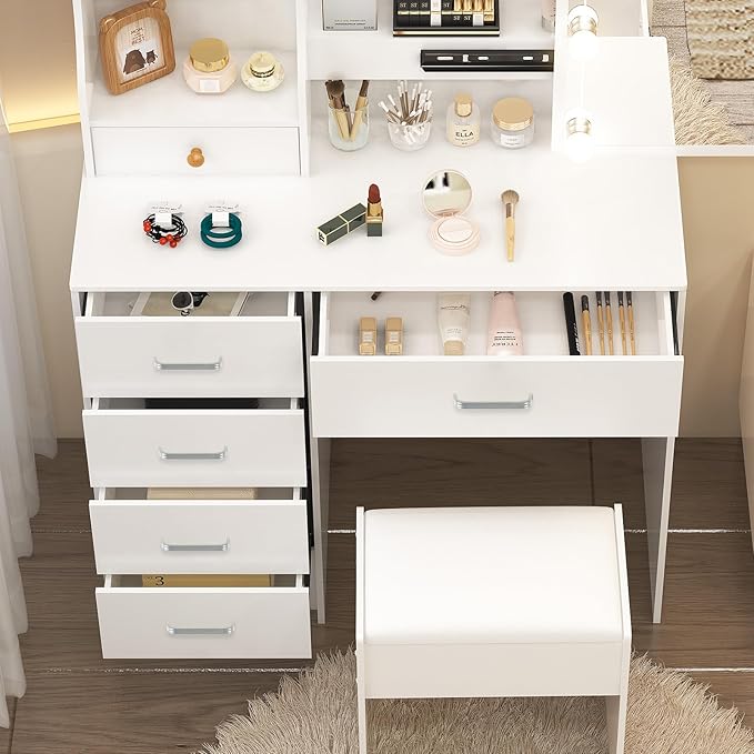 Small Vanity Desk with Sliding Mirror & Bulbs Lights, 3 Color Light Settings Makeup Table with 6 Storage Drawers and 6 Shelves, Bedroom Dressing Table with Chair for Girls, White