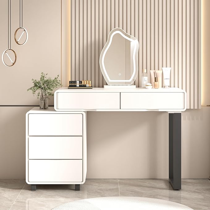 Vanity Desk with Mirror and LED Lights| Small Makeup Table with 5 Drawers and Adjustable Storage Cabinet| Modern Space-Saving Dressing Table for Bedroom(White)