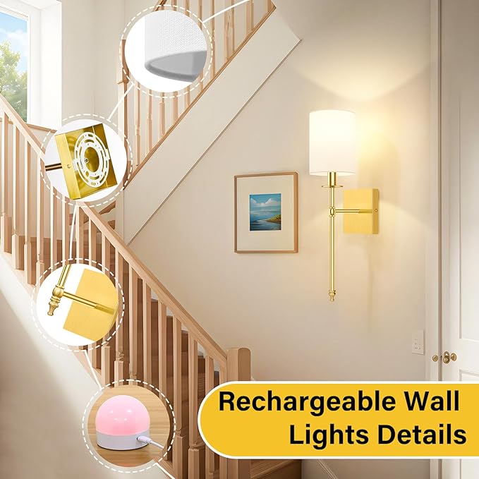 19.9 Inch Wall Sconces Battery Operated Set of 2, Rechargeable Wireless Wall Sconces Lights with Remote, Not Hardwired Dimmable Gold Wall Lamps with White Fabric Shade for Bedroom, 2 Bulbs Included