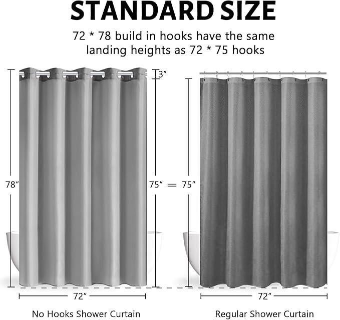 Furlinic No Hook Long Shower Curtain 78 Length,Soft Polyester Fabric Wahable Shower Curtain Liner,Modern Hotel Spa Style Bathroom Curtains with 10 Plastic Built-in Grommets,Light Grey 72x78 Inch