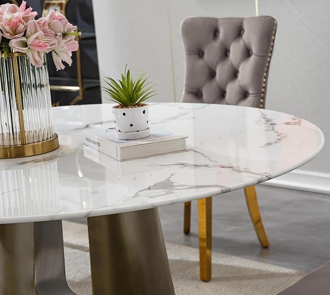 3-Piece Faux Marble Round Dining Table Set for 2, Modern Luxury Kitchen Table Set for 2 with Blue Tufted Chairs,Circle Dining Tables with White Marble Grain Top and Bronze Pedestal Base