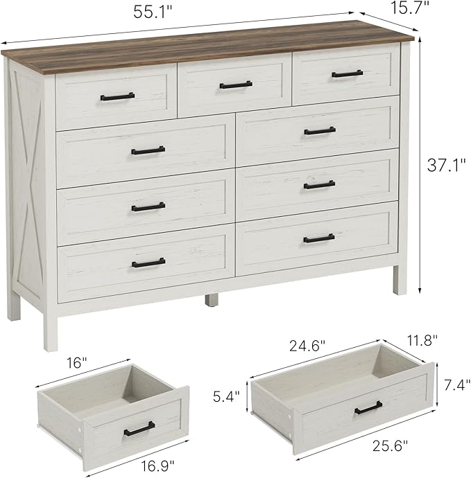 LYNSOM Farmhouse 9 Drawer Dresser for Bedroom, 55 Inch Wide Wood Rustic Chest of Drawers with X-Marking & Bar Handle, Large Storage Dressers Organizer for Bedroom, Living Room, Antique White