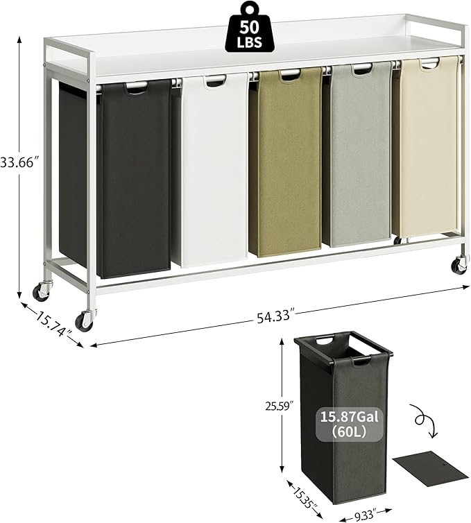Laundry Hamper with Shelf, Laundry Basket 5 Section, Laundry Sorter with Pull-Out Removable Large 5 Color Bags and Movable Wheels, Metal Frame, 5 x 15.87 Gallons (60L), White PF08XLE