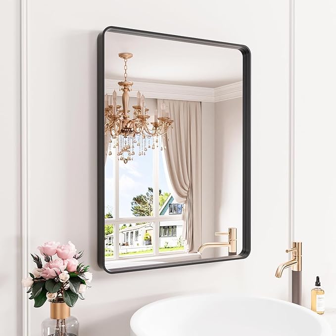Black Bathroom Mirror 24X32 Inch, Black Metal Framed Mirror for Wall, Rounded Rectangle Matte Bathroom Vanity Mirror with Tempered Glass, Anti-Rust, Horizontal/Vertical