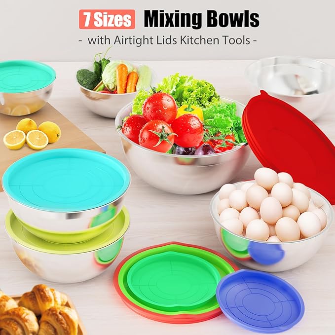 Mixing Bowls with Lids Set, 7 PCS Stainless Steel Mixing Bowls with 3 Grater Attachments, Size 4.5, 4, 3.5, 2.1, 1.5, 1.1, 0.7QT, Ideal for Kitchen Cooking Baking & Serving