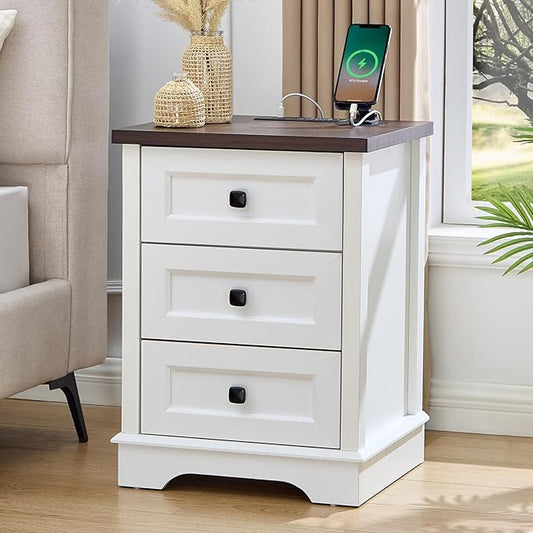 LIDYUK 3 Drawer White Dresser for Bedroom Farmhouse Dresser Chest of Drawers, 25" Tall Nightstand with Charging Station Chest of Drawers for Bedroom, Living Room