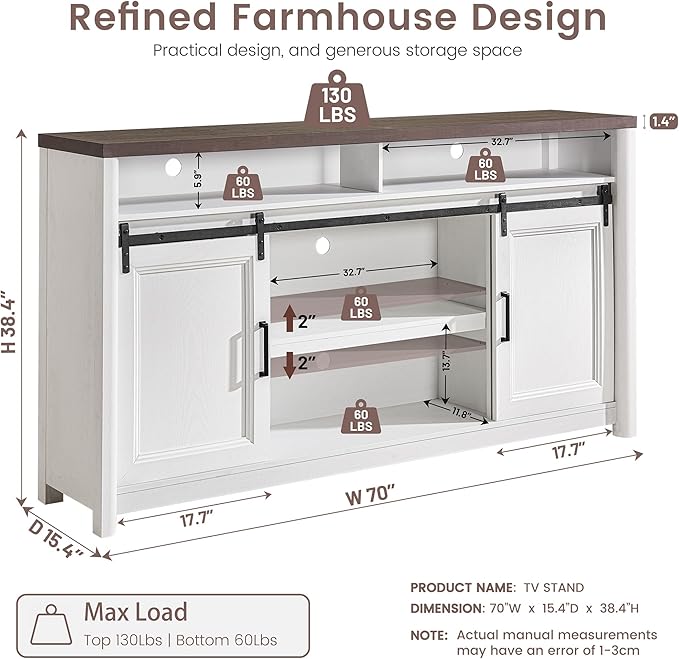 Rustic Farmhouse TV Stand for 80 Inch TVs, Large Entertainment Center with Storage, TV Console for Bedroom Living Room, Media Console Cabinet with Sliding Barn Doors, 70 Inch Wide, White & Walnut