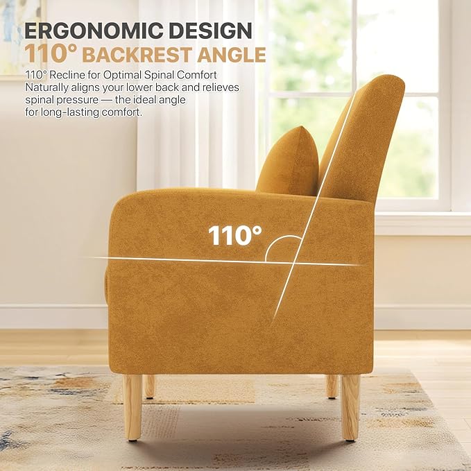 Magshion Mid-Century Accent Chair for Living Room, Comfy Reading Chair for Bedroom, Upholstered Linen Fabric Armchair Single Sofa with Back Pillow & Wood Legs, 300 lbs Capacity, Yellow