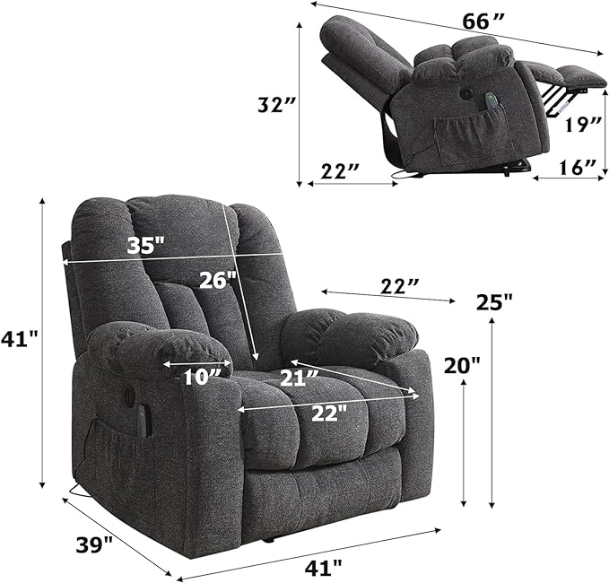 CANMOV Power Lift Recliner Chair with Massage and Heat for Elderly, Overstuffed Wide Recliners, Heavy Duty and Safety Motion Reclining Mechanism with USB Ports, 2 Concealed Cup Holders, Smoke Gray