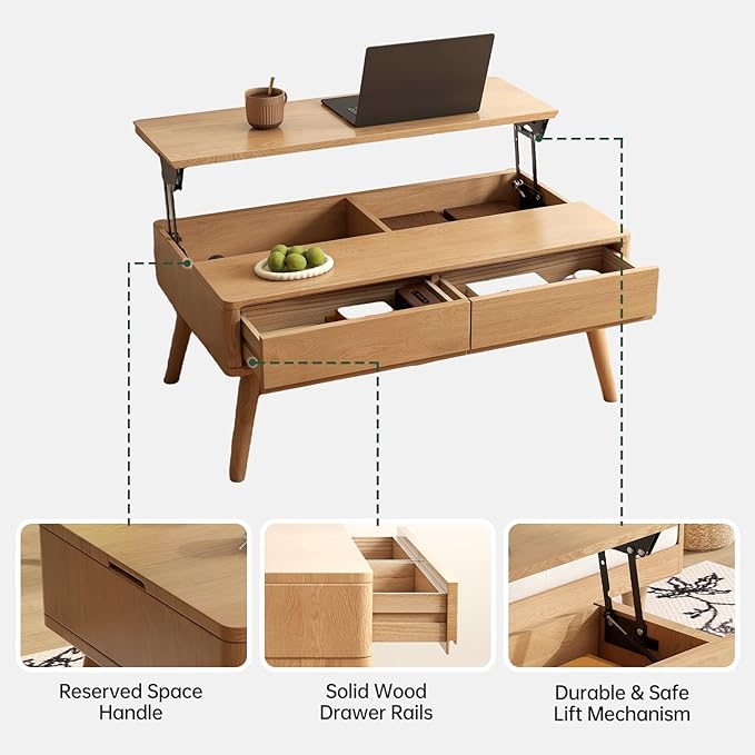 Lift Top Coffee Table, 100% Solid Oak Wood Log Color Coffee Table with Drawers and Hidden Compartments, Rectangular Coffee Tables with Storage for Living Room Home Decor (49.27" L)