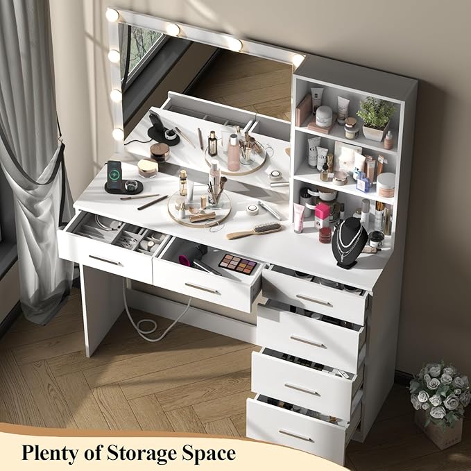 39 Inches White Vanity Desk with Lights, 6-Drawers Makeup Vanity Table with Power Strip and Storage Shelves, Dressing Table with Lighted Mirror for Women Girls