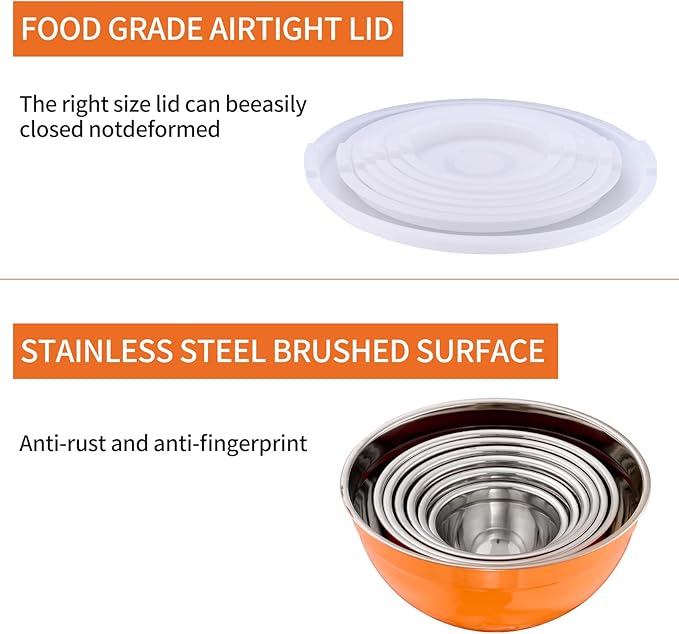 Orange Mixing Bowls With Airtight Lids,Stainless Steel Bowl,Salad Bowls 7 Piece Colorful Nesting Bowl Orange Kitchen Accessories,Size 7,3.6,2.7,2.1,1.5,1.1,0.8QT Stackable Design