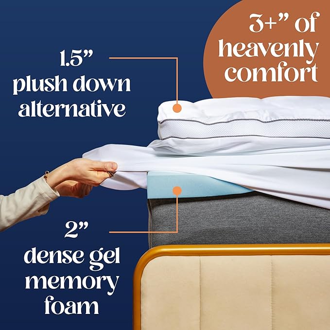 ViscoSoft 3 Inch Pillow Top Memory Foam Mattress Topper Short Queen - Cooling Hybrid Lux Dual Layer RV Mattress Pad - CertiPur-US Certified