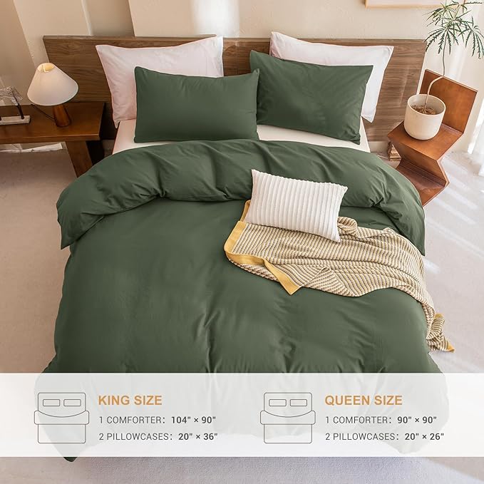 Sanracie Olive Green Queen Size Comforter Set Cotton,Dark Green Bedding Comforers Set Solid Color,3 Pieces Lightweight Aesthetic Queen Bedding Set for All Seasons