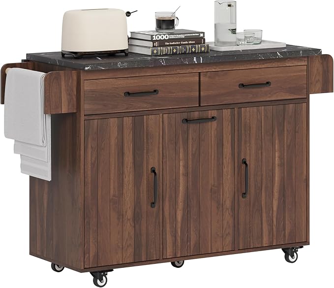 Kitchen Island with Storage & Drop Leaf, 51" Kitchen Rolling Island on Wheels with Spice Rack & Towel Rack, Kitchen Island Cart with Trash Can Storage, Walnut Brown