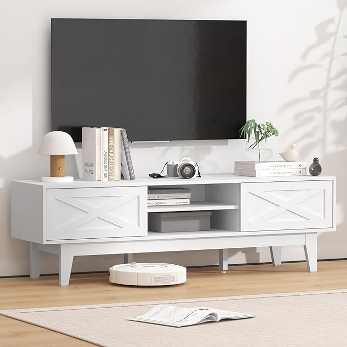 Wooden TV Stand for 55 65 70 inch TV, Long & Large TV Media Console Table with Storage Cabinets, Boho Farmhouse Entertainment Center for Living Room, Bedroom - White