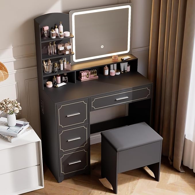 Vanity Table with LED Mirror & Power Outlet - 5 Open Shelves, 4 Drawers - Includes Padded Stool - Ideal Bedroom Makeup Dressing Table （Black）