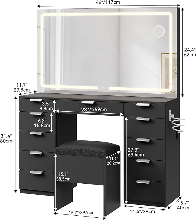YITAHOME 46'' Vanity Desk with Large LED Lighted Mirror & Charging Ports, 11-Drawer Makeup Table Set with Storage Stool for Dressing Room, 3 Lighting Modes Brightness Adjustable, Black Finish