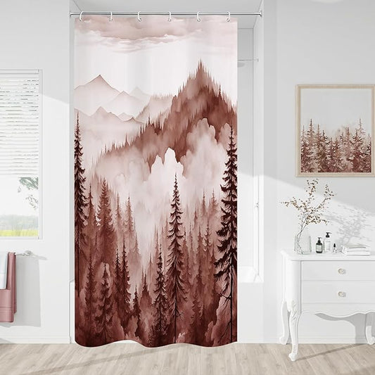 Burgundy Small Stall Misty Pine Forest Shower Curtain 36 x 72, Mountain Foggy Woodland Scenery Tree Narrow Half Size Shower Curtains for Bathroom, Abstract Waterproof Nature-Themed Decor